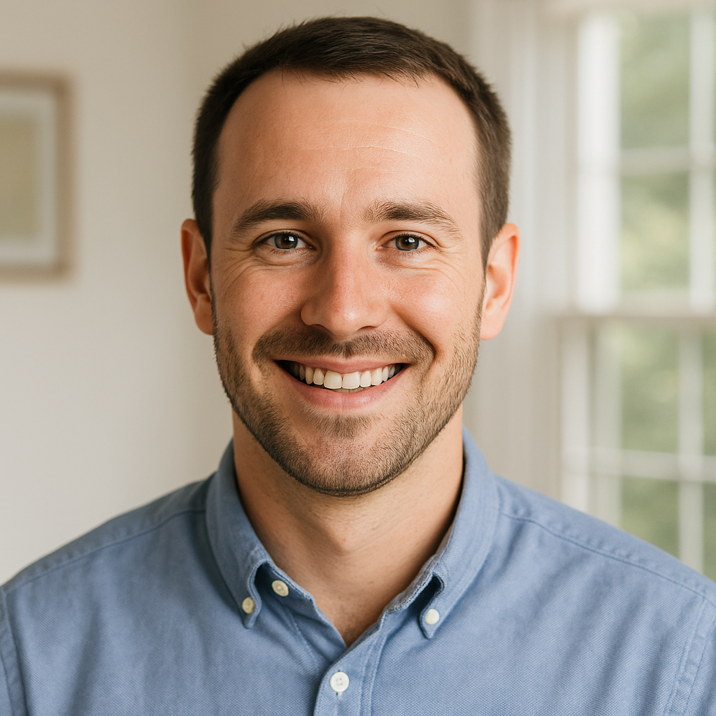 Headshot of a smiling adult man, representing a supportive son of a senior receiving in-home care services.