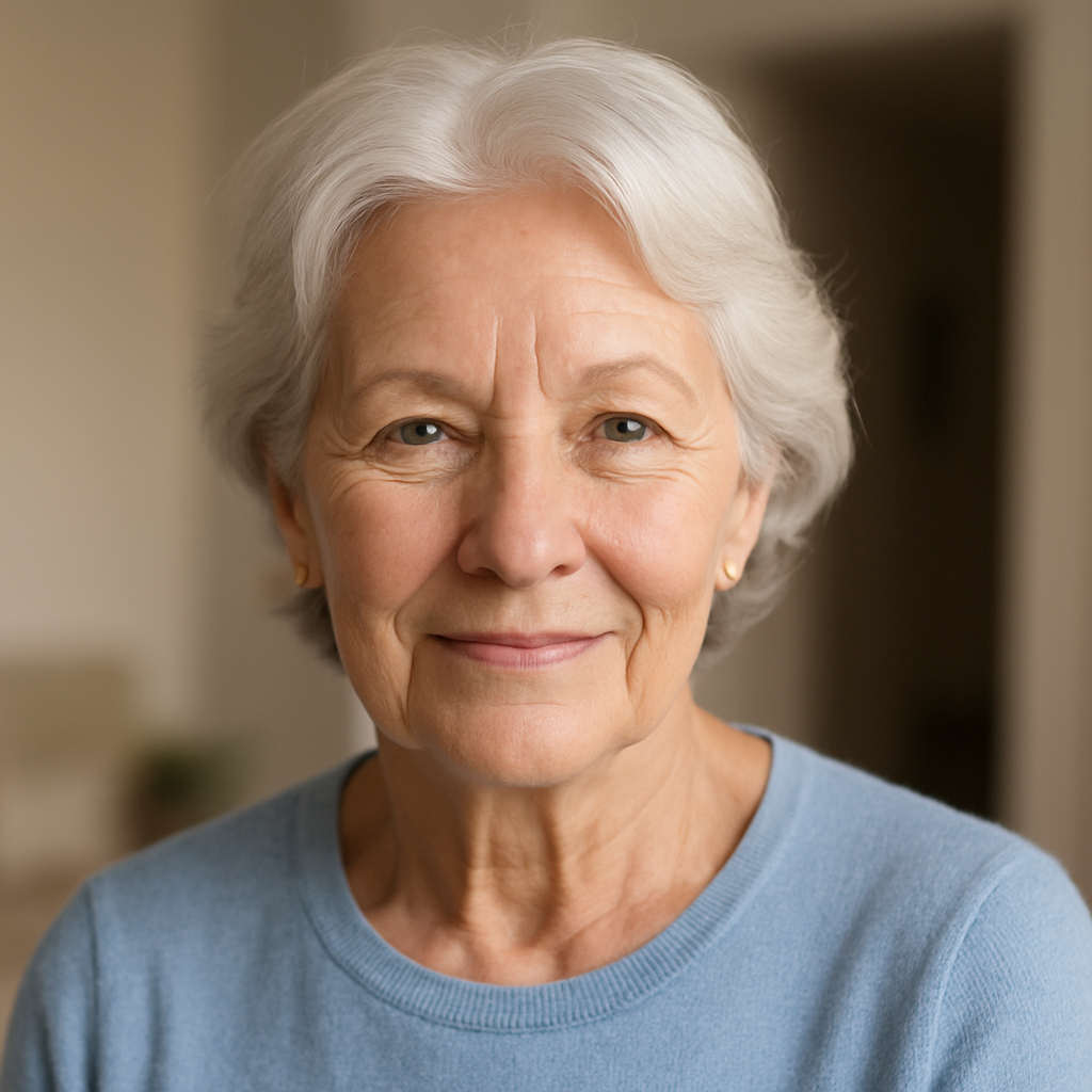 Portrait of an elderly woman smiling warmly, seated in soft natural light, representing a satisfied home care client.